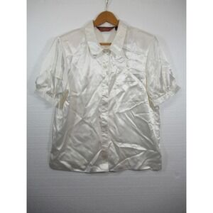Vintage 90s Worthington Shiny Satin Secretary Blouse Women 14 Ivory Short Sleeve